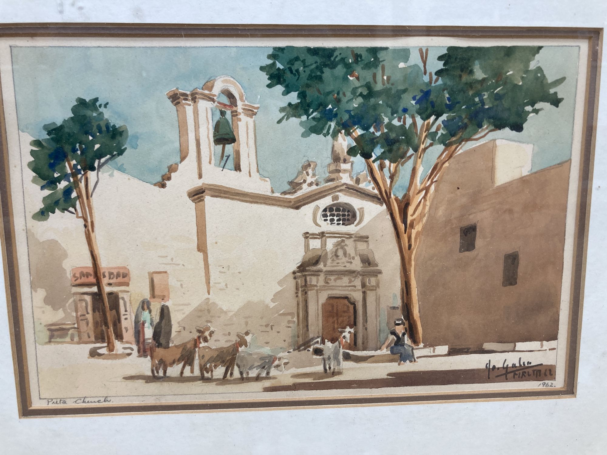 Galea, two watercolours, Pieta Church 1962, 18 x 28cm and Valetta Harbour, Malta 83, 10 x 29cm